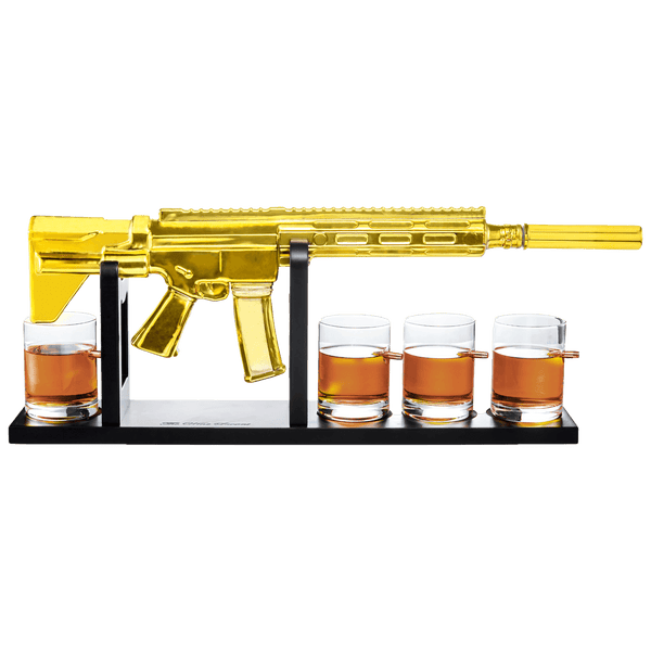 AR15 Gold Whiskey Decanter Set with 4 Bullet Whiskey Glasses - The Wine Savant, Gift for Fathers, Uncles, Sons - Veteran Gifts, Military Gift, Home Bar Gift, Father's Day