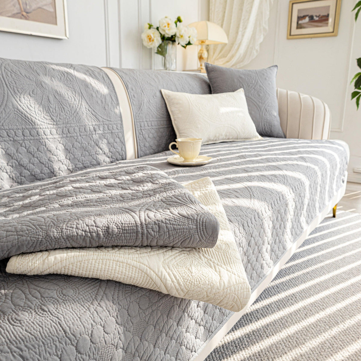 Cotton Quilted Sofa Cover, Non-Slip Couch Protector Fits Backrest, Seat & Armrest