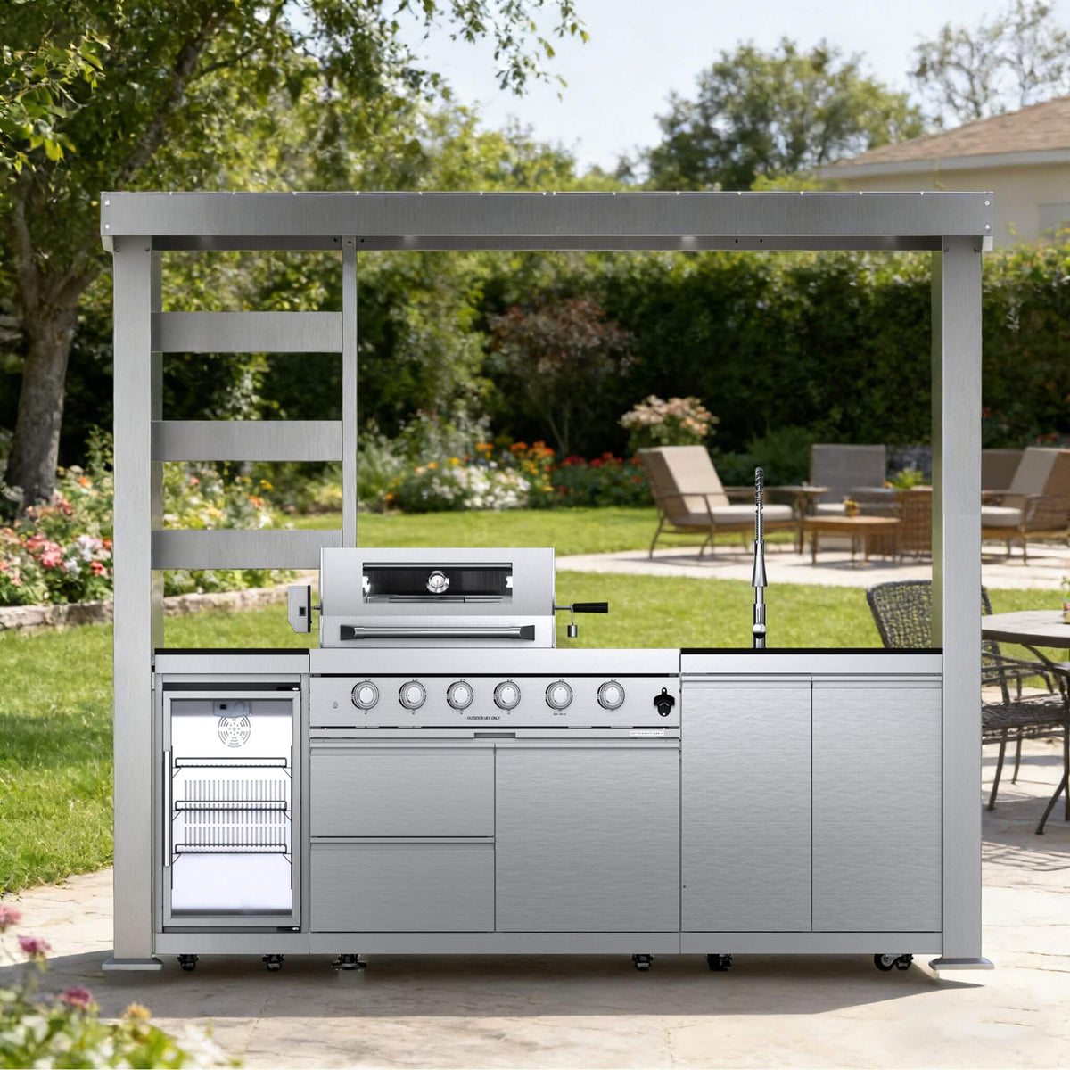 Imperial 110-Inch 4-Burner 72K BTU Deluxe Stainless Steel Outdoor Kitchen Grill Island With Wine Cooler, Rotisserie, Cabinets, And Granite Countertops (SAK94721)