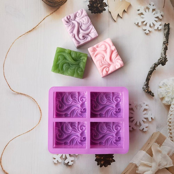 4-Cavity Wavy Flower Silicone Handmade Soap Mold Cake Mold Aromatherapy Plaster Mold Essential Oil Soap Mold 4-Cavity Ocean Wave Soap Mold, Silicone Sea Wave Cake Pan