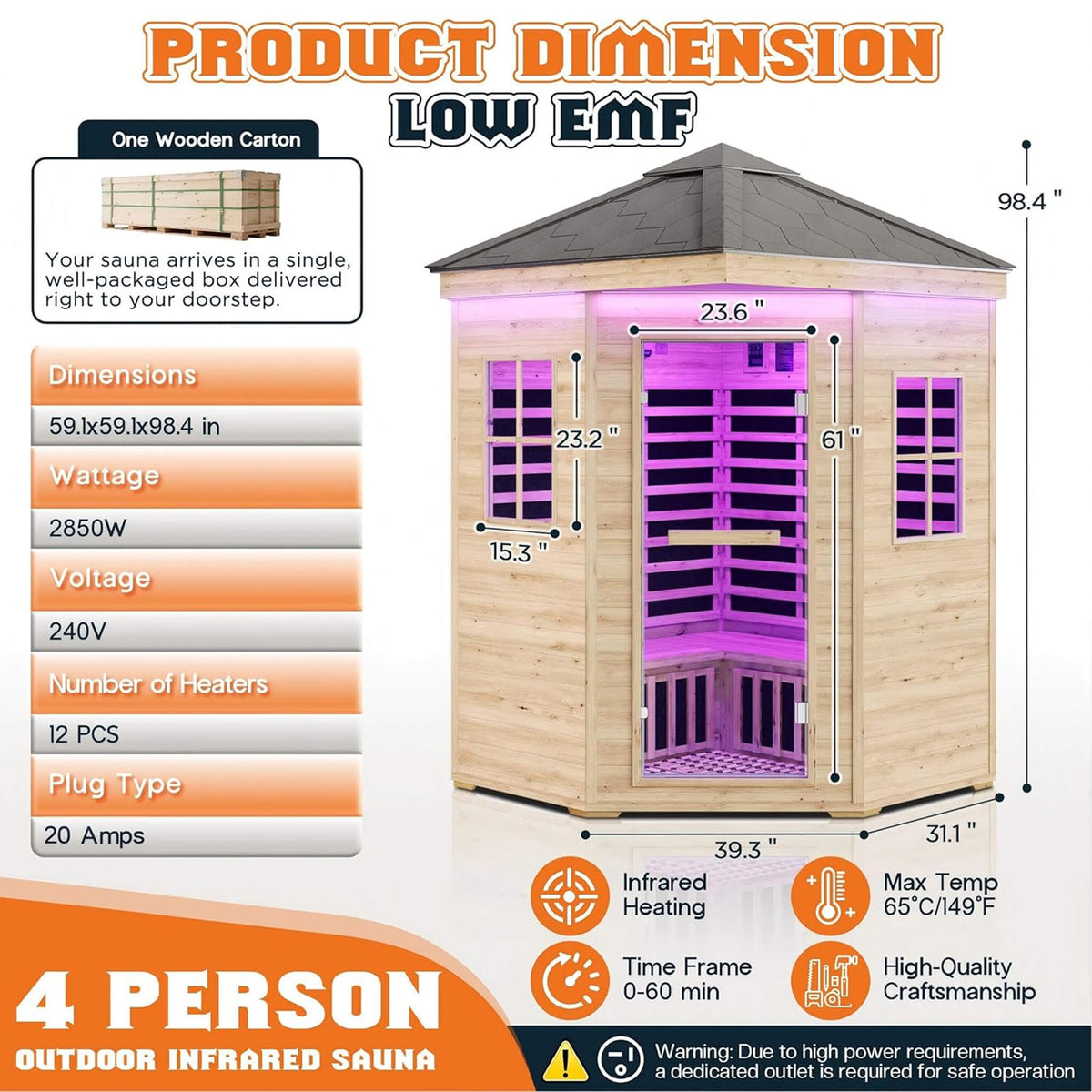 Monaco 4-Person Low EMF Spruce Wood Outdoor Infrared Sauna With Bluetooth Speakers And LED Lights (SAK16270)