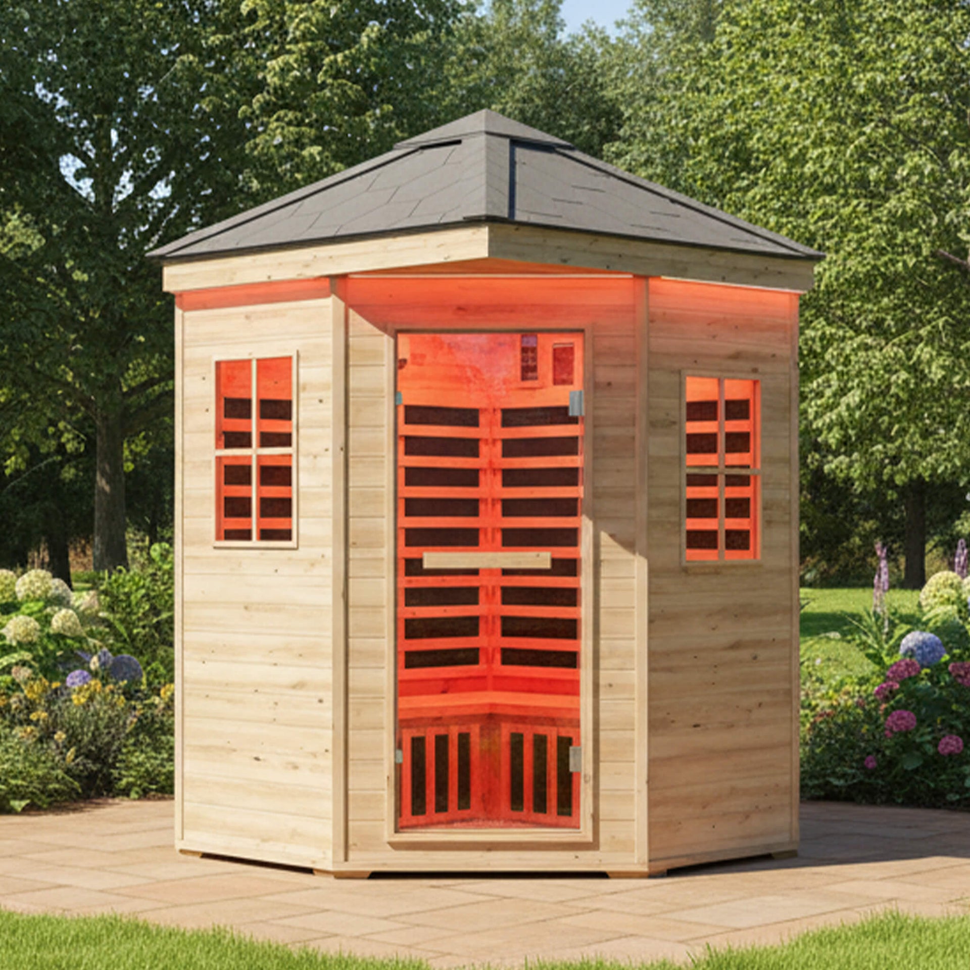 Monaco 4-Person Low EMF Spruce Wood Outdoor Infrared Sauna With Bluetooth Speakers And LED Lights (SAK16270)