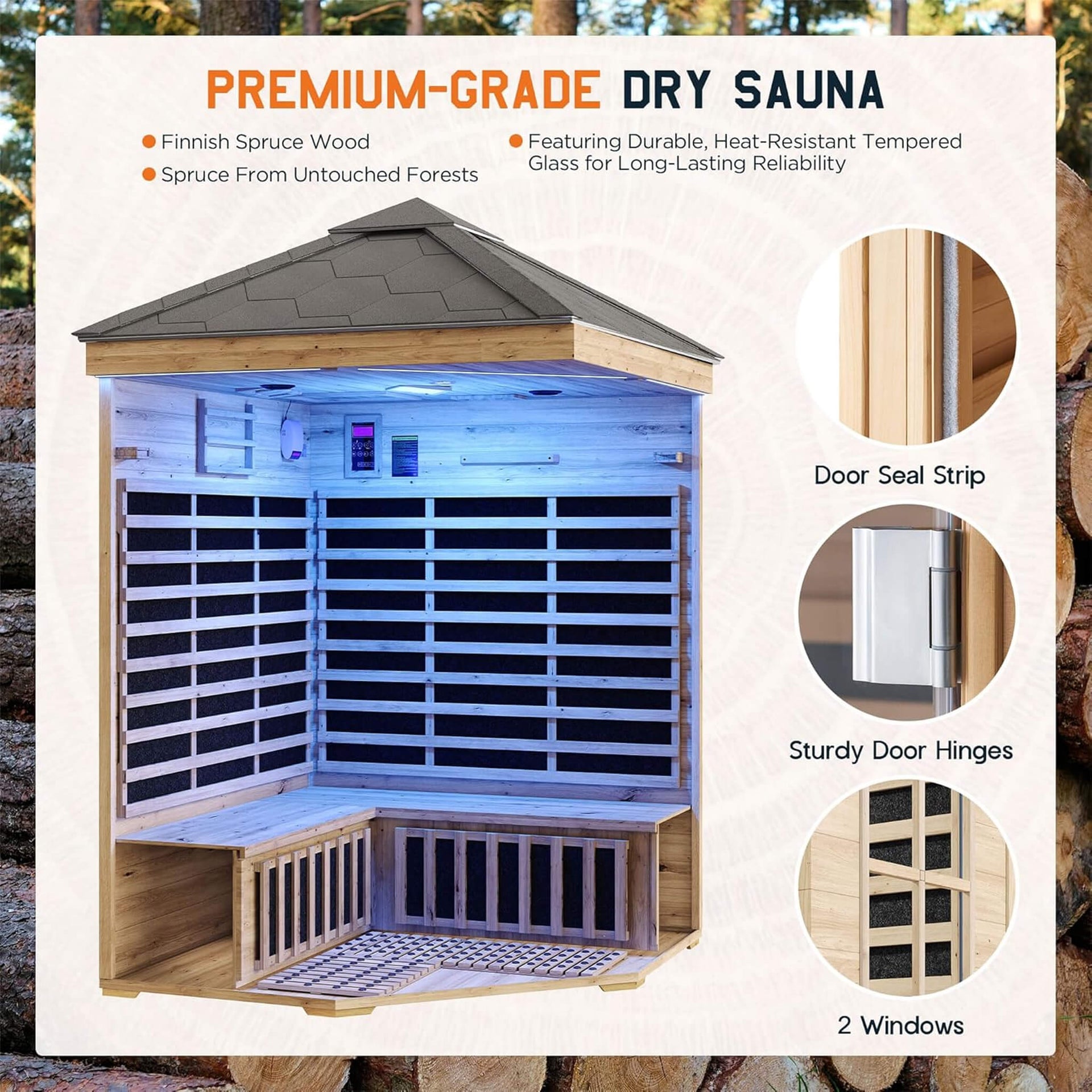 Monaco 4-Person Low EMF Spruce Wood Outdoor Infrared Sauna With Bluetooth Speakers And LED Lights (SAK16270)