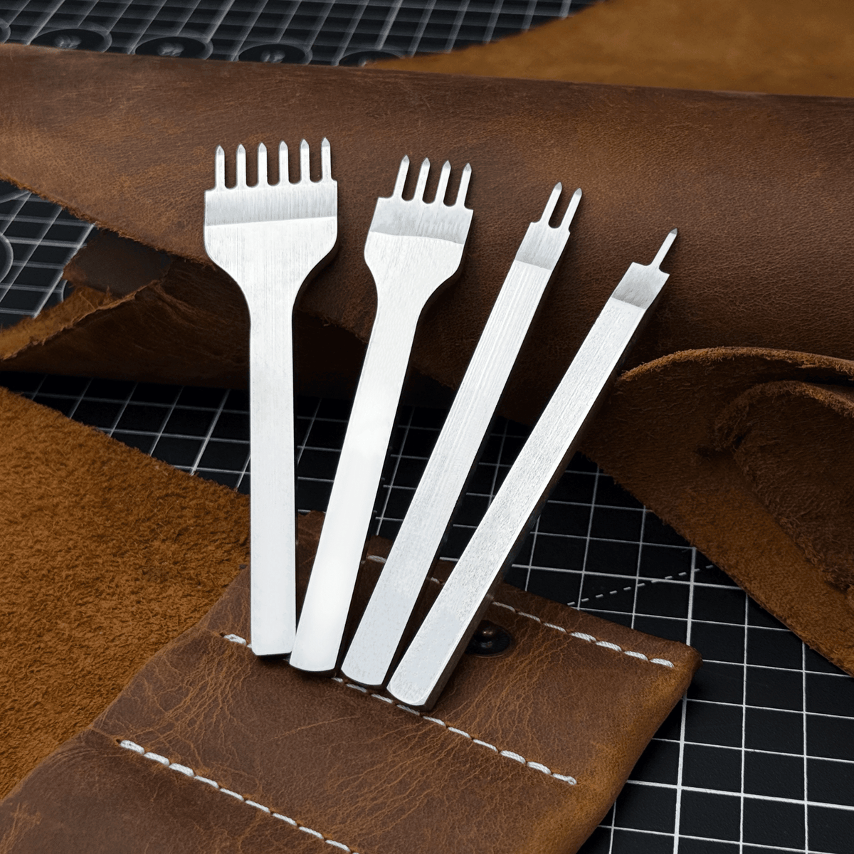 4-Piece Diamond Style Leather Pricking Iron Set, 1, 2, 4, 6 Prongs