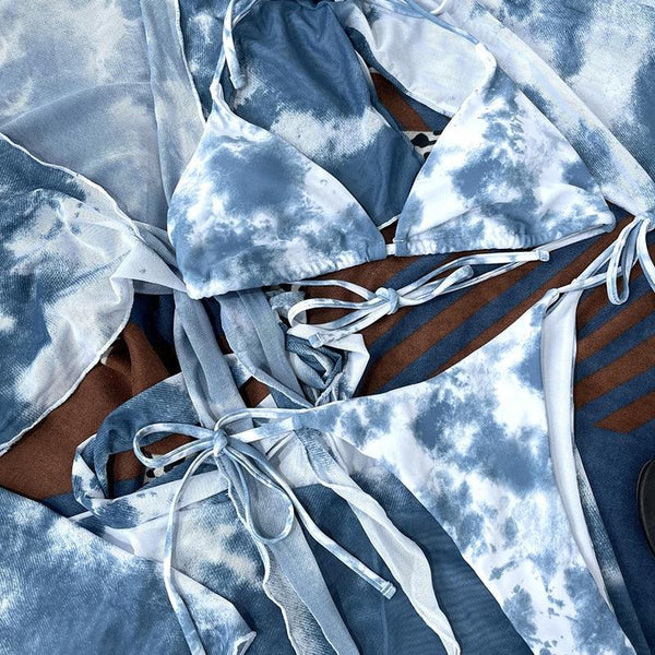 4 Piece Tie Dye Bikini Ladies Split Swimsuit Swimwear Tie Dye Bikini Set Triangle String Bikini Bathing Suit High Cut Four Piece Swimsuit Curtain String Bikini Women Mesh Push Up Bikini