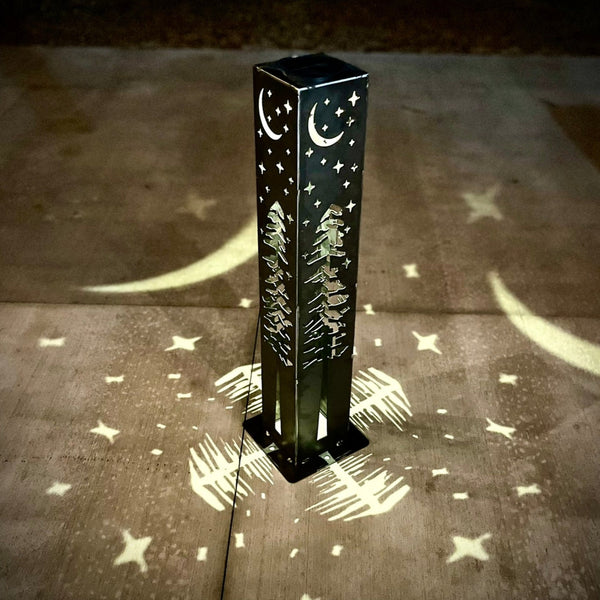 4-Sided Night Sky Pine Tree Solar Pillar - Steel