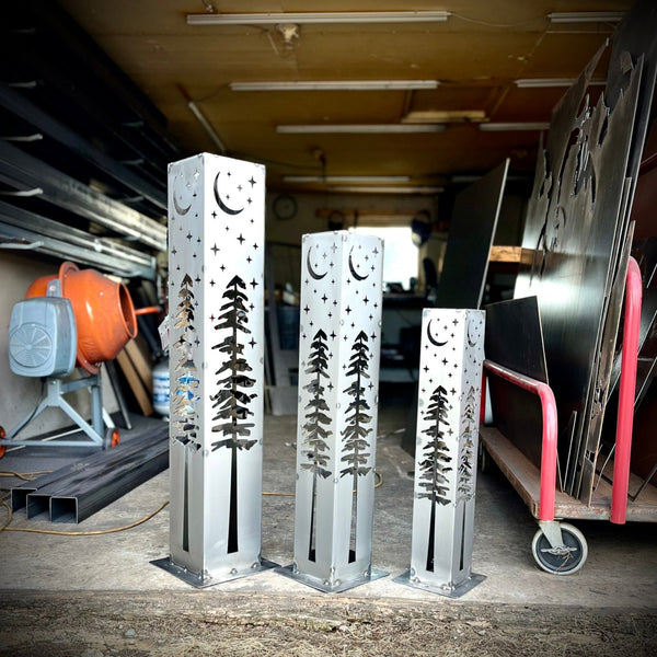 4-Sided Night Sky Pine Tree Solar Pillar - Steel