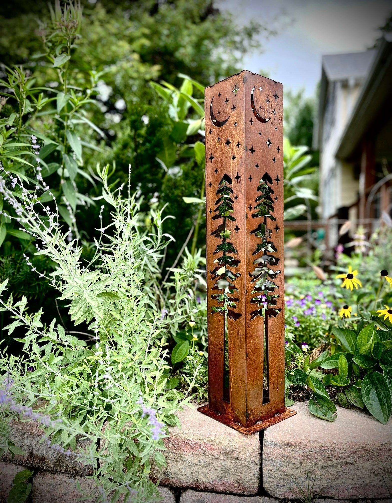 4-Sided Night Sky Pine Tree Solar Pillar - Steel