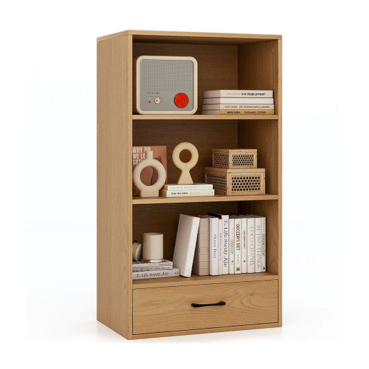 4-Tier Storage Bookcase with Open Shelves Drawer and Anti-toppling Device-Natural