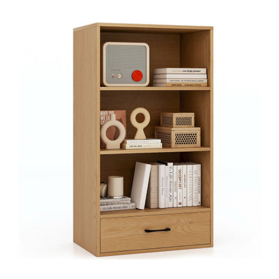 4-Tier Storage Bookcase with Open Shelves Drawer and Anti-toppling Device-Natural