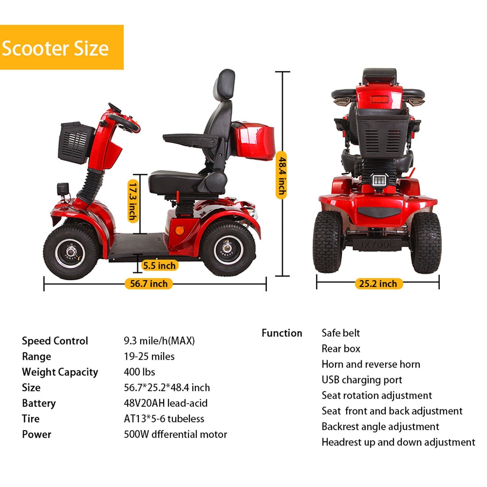 4-Wheel Heavy Duty 48V20AH Electric All-Terrain Mobility Scooter, 500W (SAK93647)