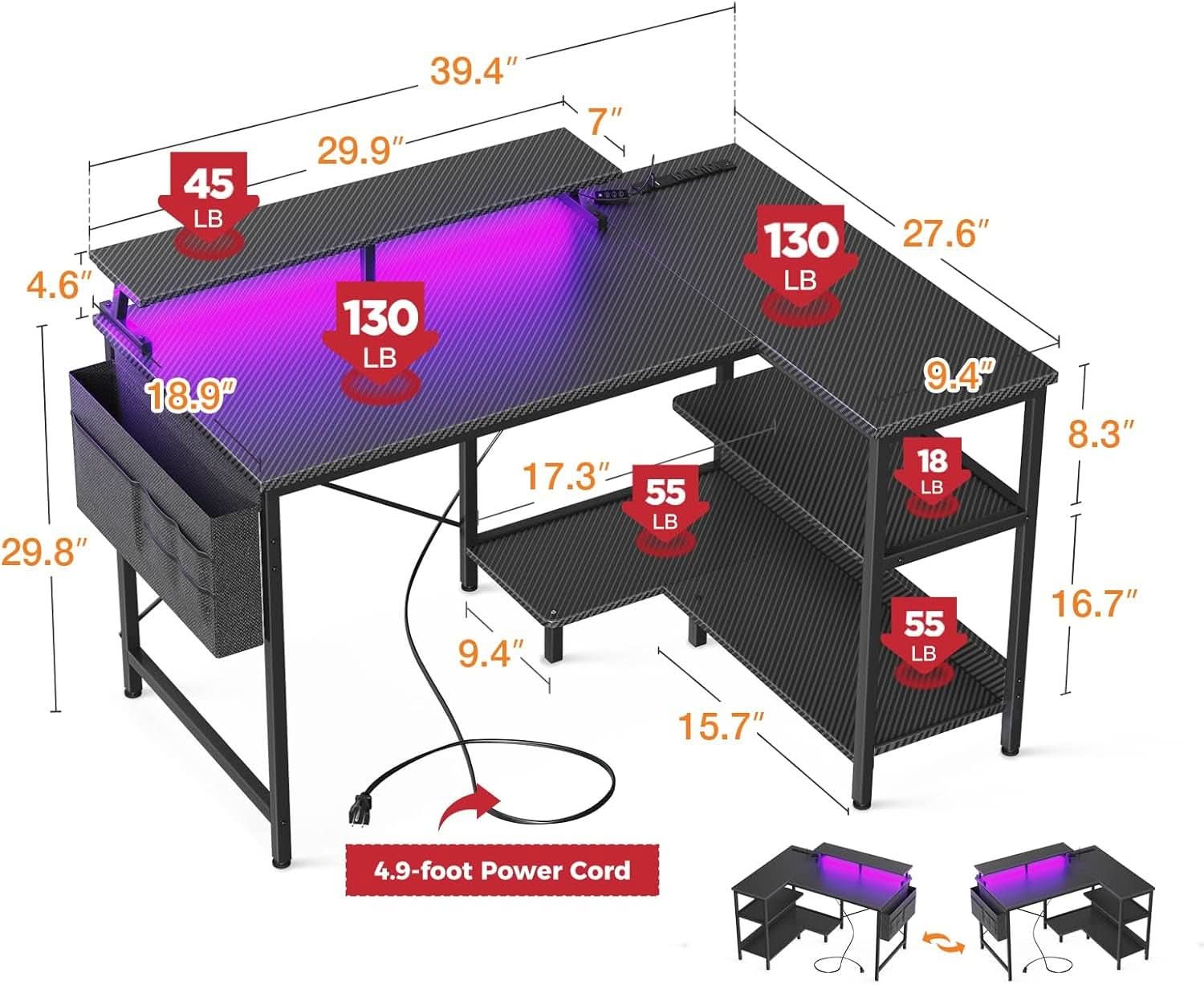40 Inch Gaming Desk With USB Ports And LED Lights Black