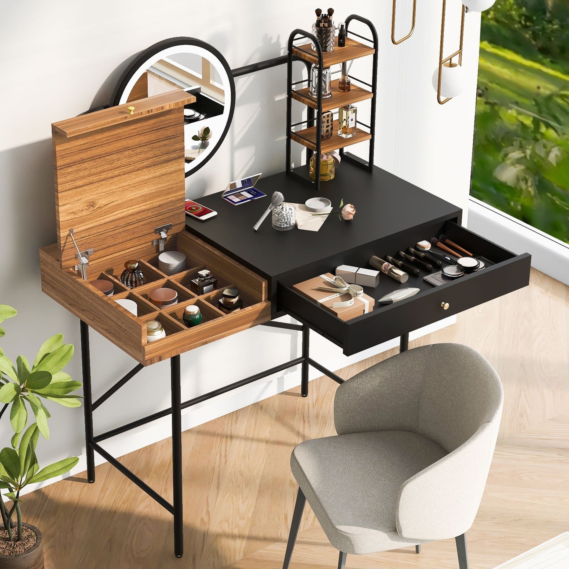 40 inch Makeup Vanity Desk with 3-Mode Lighted Mirror & Wireless Charging Station,Vanity Table with Drawer & 3 Open Shelves for Ample Storage Space,Dressing Table for Bedroom
