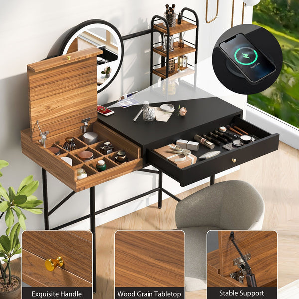 40 inch Makeup Vanity Desk with 3-Mode Lighted Mirror & Wireless Charging Station,Vanity Table with Drawer & 3 Open Shelves for Ample Storage Space,Dressing Table for Bedroom