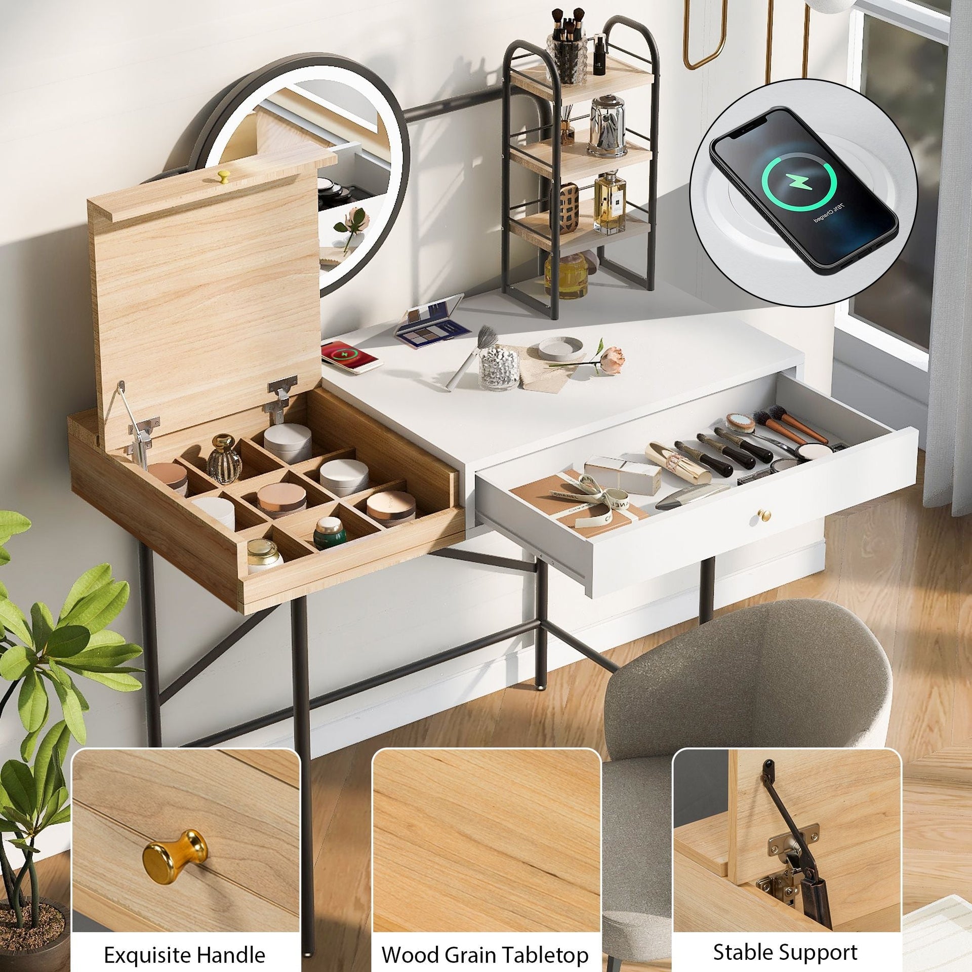 40 inch Makeup Vanity Desk with 3-Mode Lighted Mirror & Wireless Charging Station,Vanity Table with Drawer & 3 Open Shelves for Ample Storage Space,Dressing Table for Bedroom
