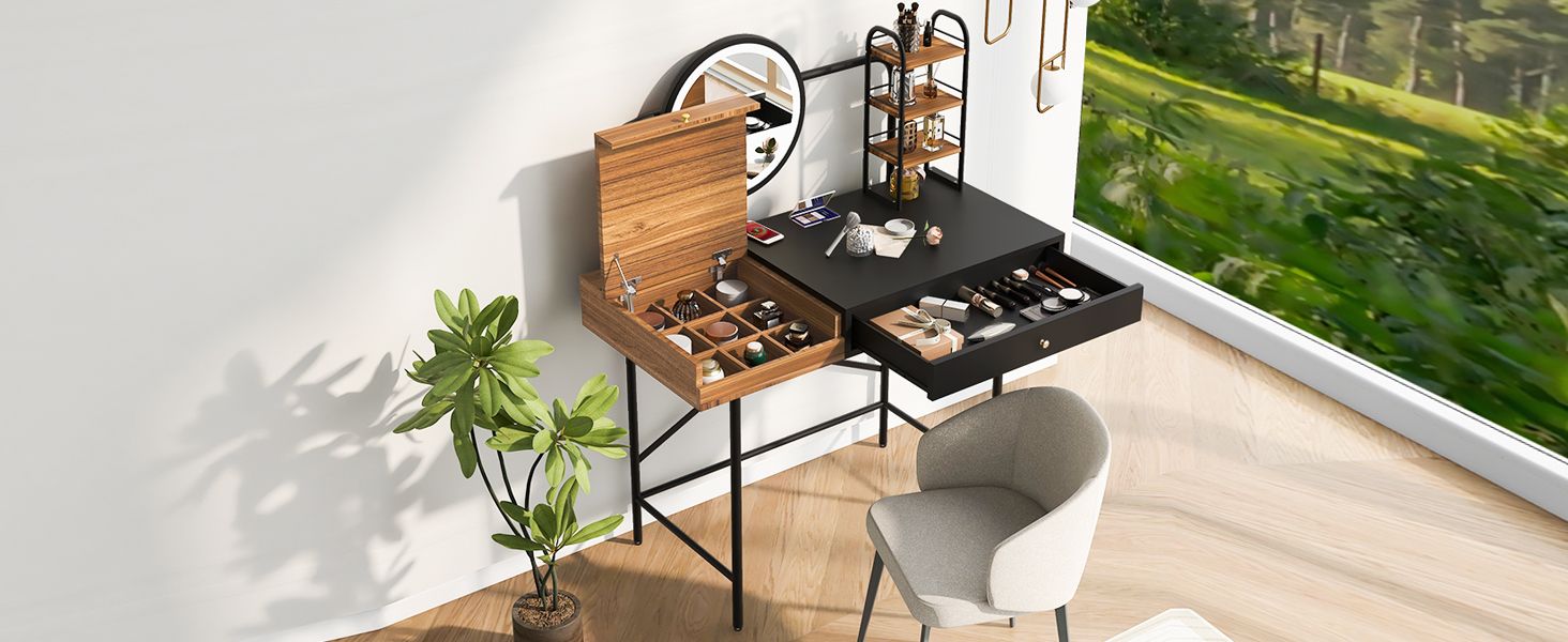 40 inch Makeup Vanity Desk with 3-Mode Lighted Mirror & Wireless Charging Station,Vanity Table with Drawer & 3 Open Shelves for Ample Storage Space,Dressing Table for Bedroom