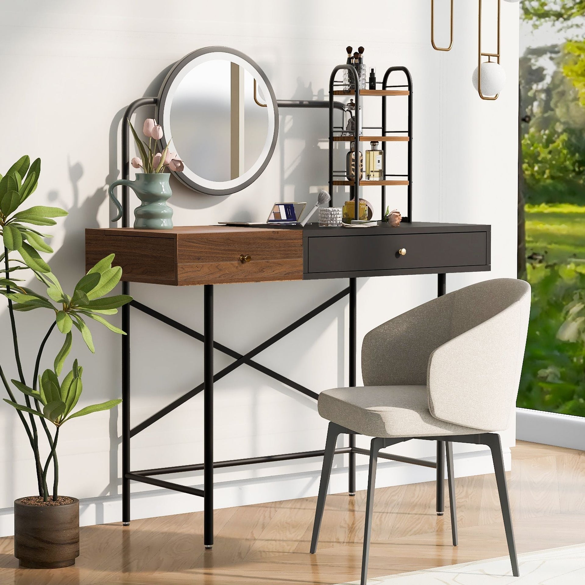 40 inch Makeup Vanity Desk with 3-Mode Lighted Mirror & Wireless Charging Station,Vanity Table with Drawer & 3 Open Shelves for Ample Storage Space,Dressing Table for Bedroom