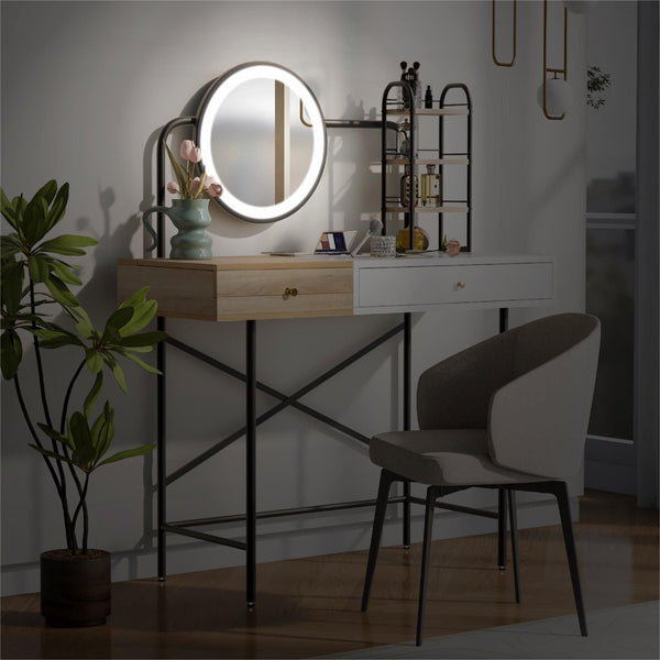 40 inch Makeup Vanity Desk with 3-Mode Lighted Mirror & Wireless Charging Station,Vanity Table with Drawer & 3 Open Shelves for Ample Storage Space,Dressing Table for Bedroom