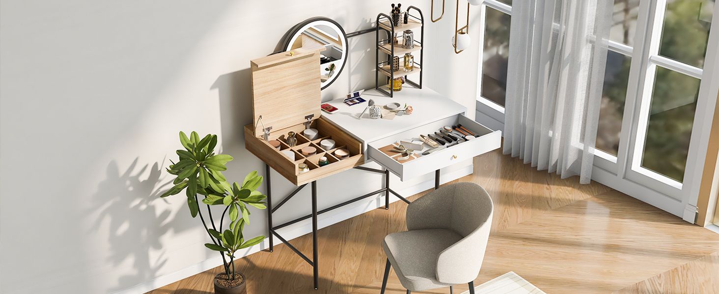 40 inch Makeup Vanity Desk with 3-Mode Lighted Mirror & Wireless Charging Station,Vanity Table with Drawer & 3 Open Shelves for Ample Storage Space,Dressing Table for Bedroom