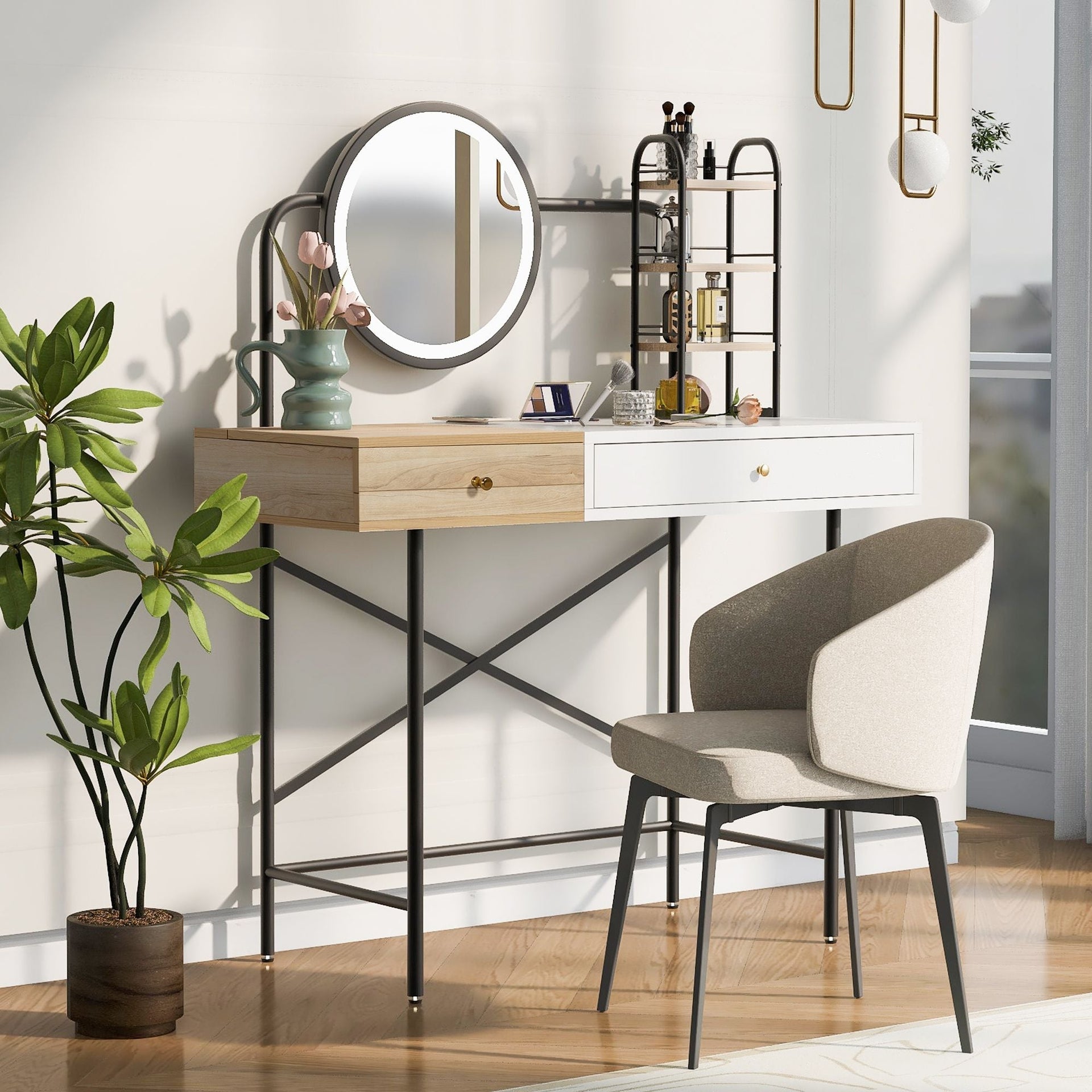 40 inch Makeup Vanity Desk with 3-Mode Lighted Mirror & Wireless Charging Station,Vanity Table with Drawer & 3 Open Shelves for Ample Storage Space,Dressing Table for Bedroom