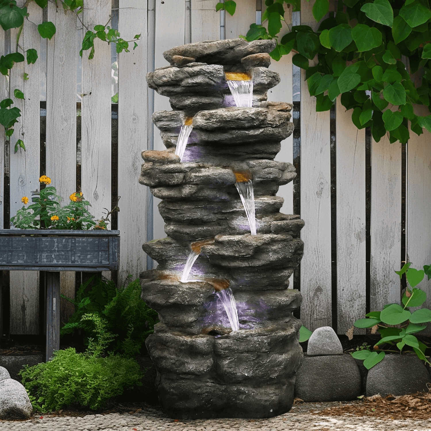 Resin Flagstone Outdoor Water Fountain with Moss 40 in