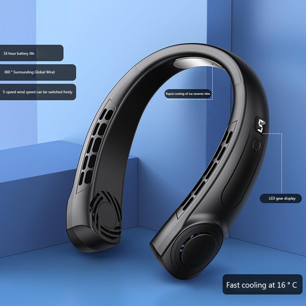 4000mAh Hanging Neck Fan USB Handheld Mute LED Digital Display Leafless Mini Electric Fan with LED Light 5 Gear Air Cooling Fans Digital Display Leafless Mini Electric Colorful Gear 5th Fan