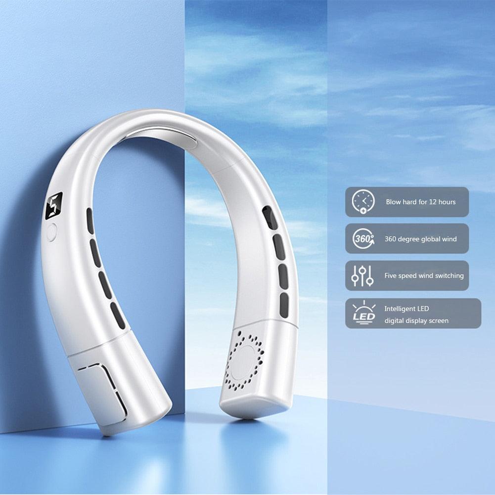 4000mAh Hanging Neck Fan USB Handheld Mute LED Digital Display Leafless Mini Electric Fan with LED Light 5 Gear Air Cooling Fans Digital Display Leafless Mini Electric Colorful Gear 5th Fan