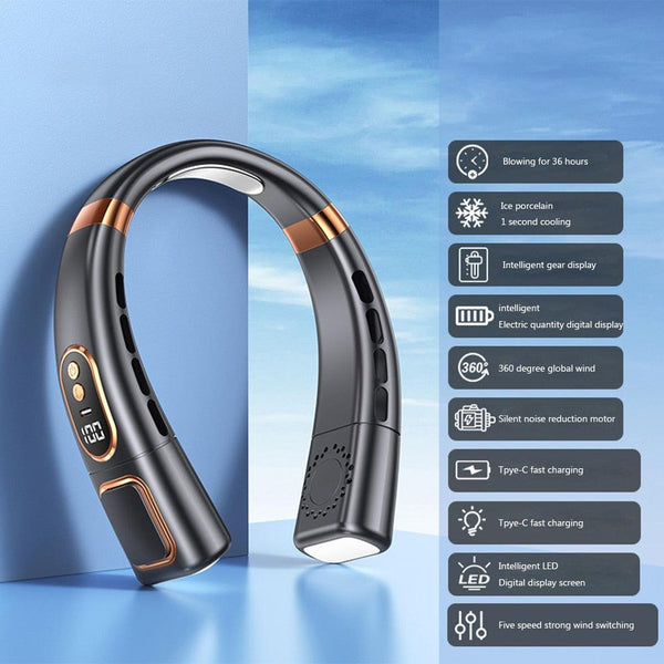 4000mAh Hanging Neck Fan USB Handheld Mute LED Digital Display Leafless Mini Electric Fan with LED Light 5 Gear Air Cooling Fans Digital Display Leafless Mini Electric Colorful Gear 5th Fan