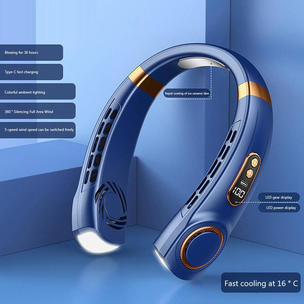 4000mAh Hanging Neck Fan USB Handheld Mute LED Digital Display Leafless Mini Electric Fan with LED Light 5 Gear Air Cooling Fans Digital Display Leafless Mini Electric Colorful Gear 5th Fan