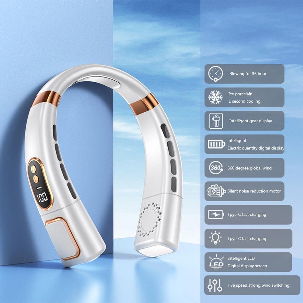 4000mAh Hanging Neck Fan USB Handheld Mute LED Digital Display Leafless Mini Electric Fan with LED Light 5 Gear Air Cooling Fans Digital Display Leafless Mini Electric Colorful Gear 5th Fan