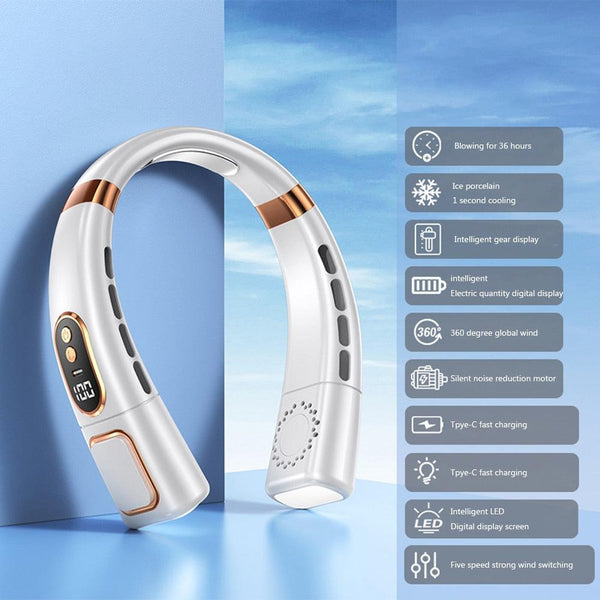 4000mAh Hanging Neck Fan USB Handheld Mute LED Digital Display Leafless Mini Electric Fan with LED Light 5 Gear Air Cooling Fans Digital Display Leafless Mini Electric Colorful Gear 5th Fan