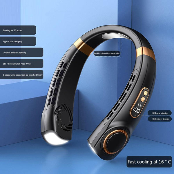 4000mAh Hanging Neck Fan USB Handheld Mute LED Digital Display Leafless Mini Electric Fan with LED Light 5 Gear Air Cooling Fans Digital Display Leafless Mini Electric Colorful Gear 5th Fan