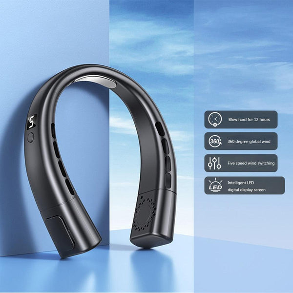 4000mAh Hanging Neck Fan USB Handheld Mute LED Digital Display Leafless Mini Electric Fan with LED Light 5 Gear Air Cooling Fans Digital Display Leafless Mini Electric Colorful Gear 5th Fan