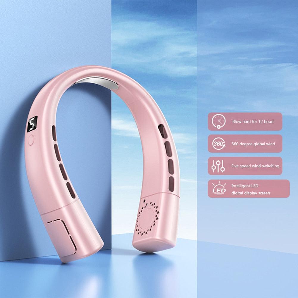 4000mAh Hanging Neck Fan USB Handheld Mute LED Digital Display Leafless Mini Electric Fan with LED Light 5 Gear Air Cooling Fans Digital Display Leafless Mini Electric Colorful Gear 5th Fan