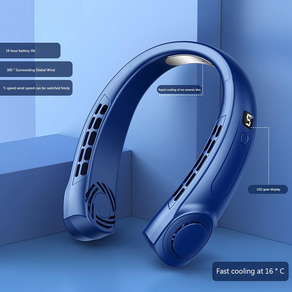 4000mAh Hanging Neck Fan USB Handheld Mute LED Digital Display Leafless Mini Electric Fan with LED Light 5 Gear Air Cooling Fans Digital Display Leafless Mini Electric Colorful Gear 5th Fan