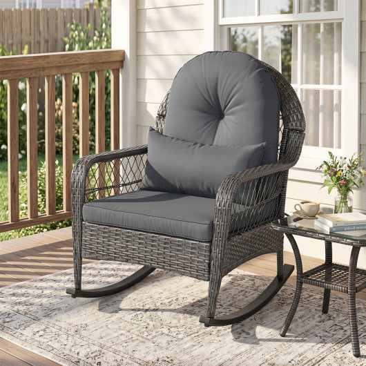 400 LBS Patio Rattan Rocker Chair with Anti-Tip Stoppers and Thick Cushions for Porch-Gray