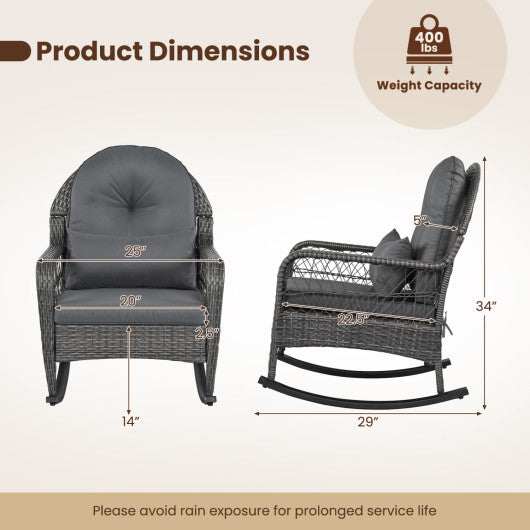 400 LBS Patio Rattan Rocker Chair with Anti-Tip Stoppers and Thick Cushions for Porch-Gray