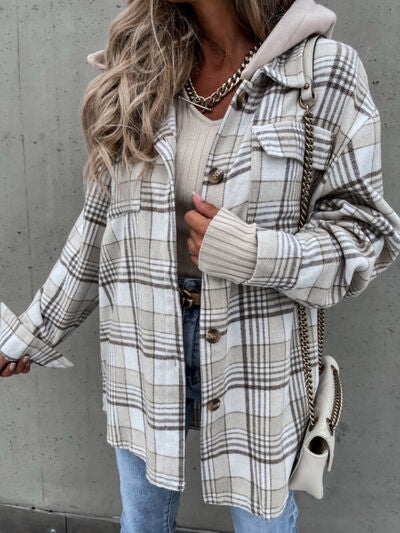Vintage Retro Style Women Camel Plaid Button Up Jacket with Removable Hood Classic & Cozy Everyday Wear