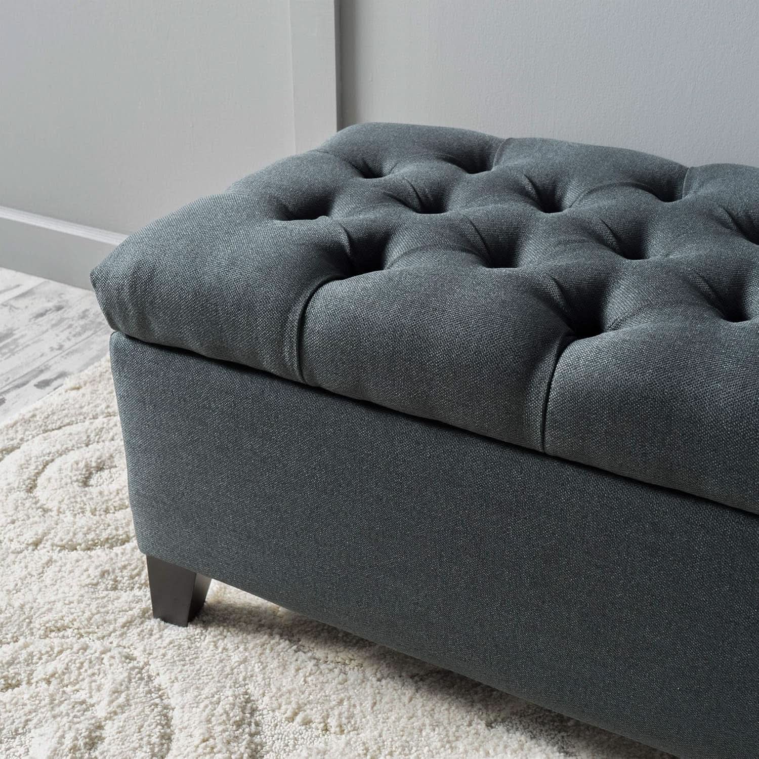 Dark Grey Tufted Fabric Storage Ottoman 17.5 In Depth