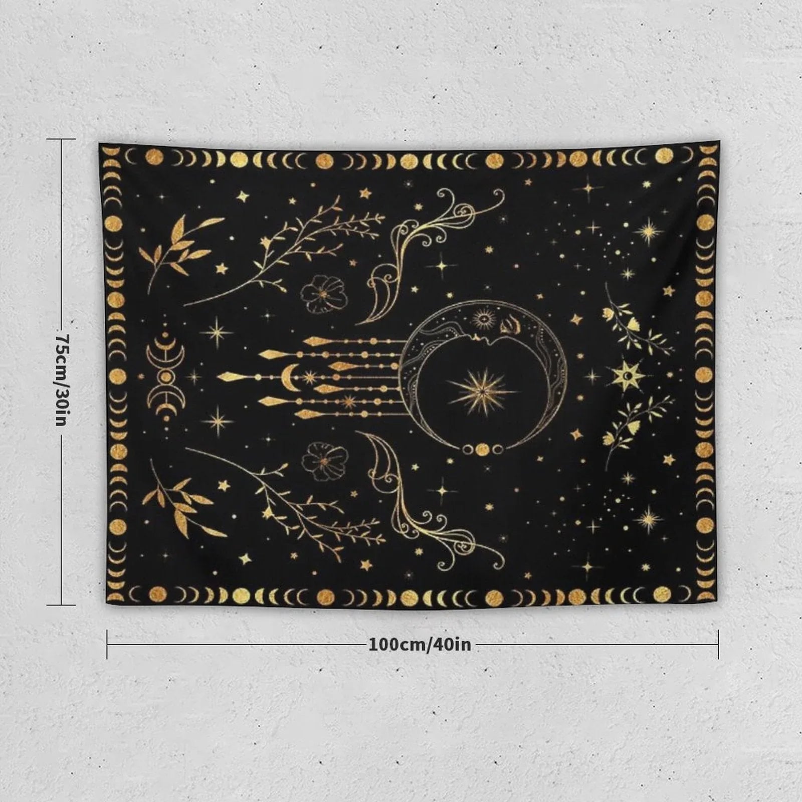 Celestial Crescent Moon with Floral Accents And Moon Phase Tapestry