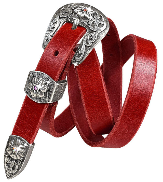 Western Leather Rhinestone Antique Floral Engraved Buckle Belt