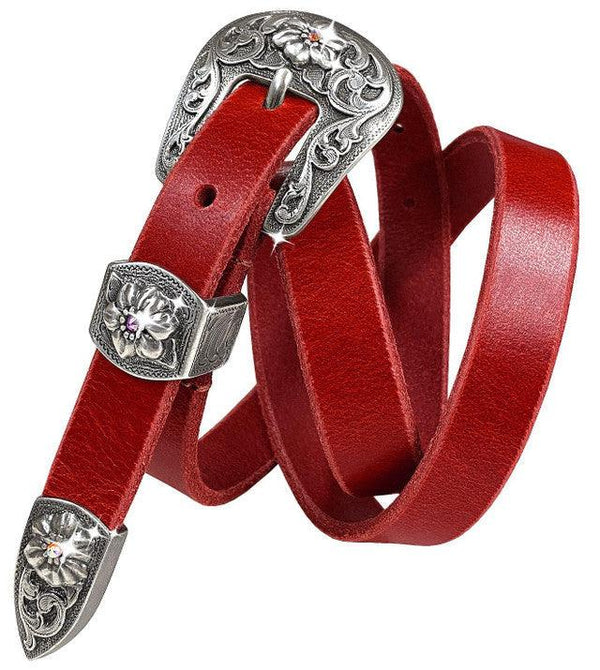 Western Leather Rhinestone Antique Floral Engraved Buckle Belt