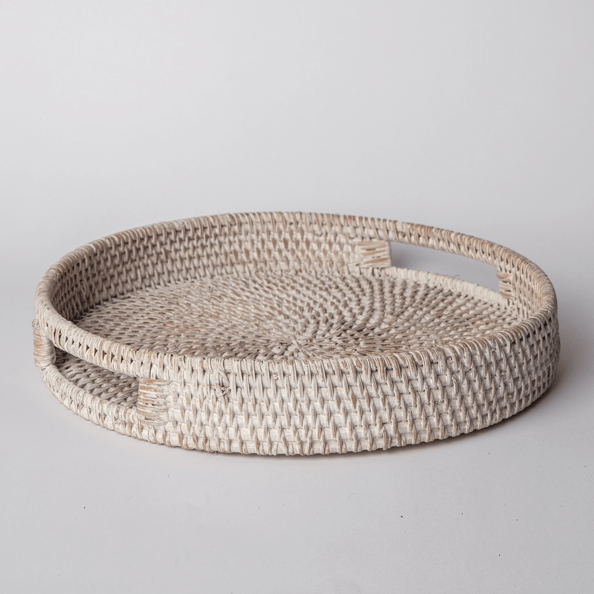 404 Round Rattan Tray — Decorative White Woven Tray for Coffee Table & Home