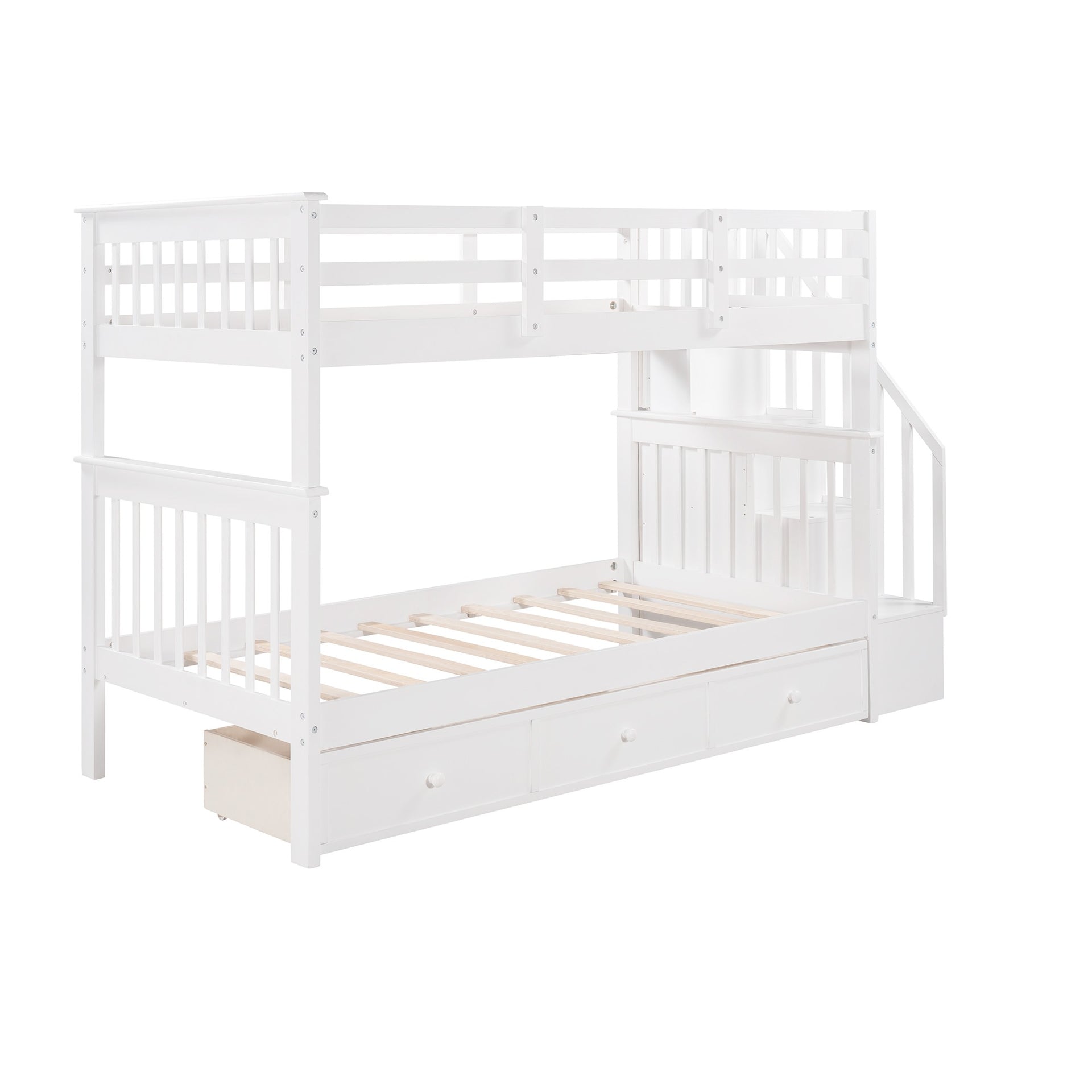 White Twin Over Twin Bunk Bed with Stairway and Drawers