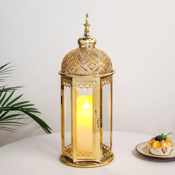 Moroccan Candle Lantern 37cm High Gold Candle Holder with Tempered Glass （40pcs）