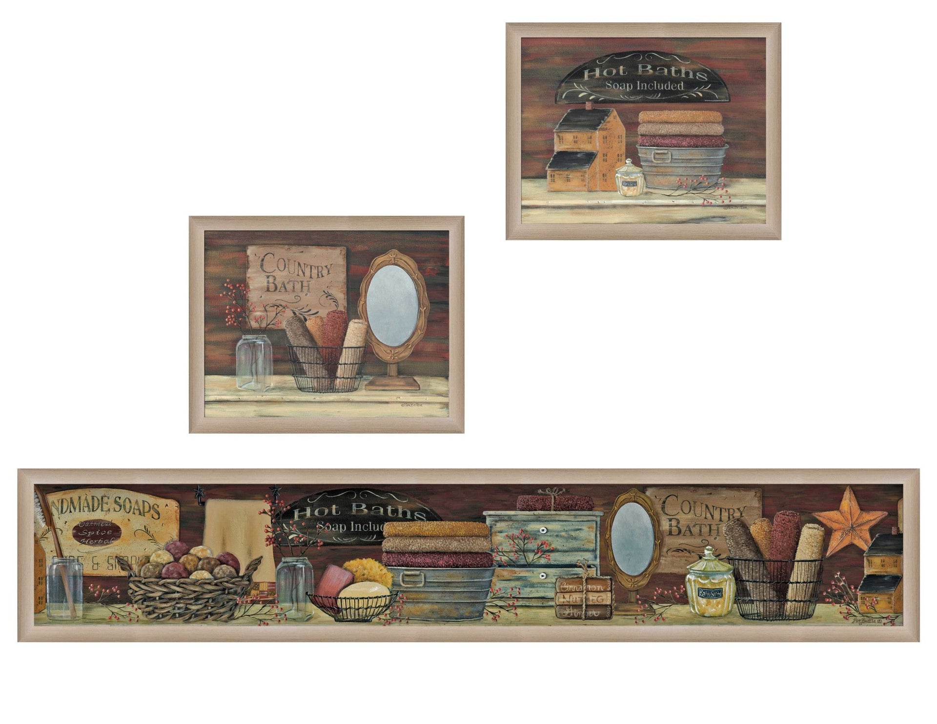 Set Of Three Country Bath 2 Brown Framed Print Bathroom Wall Art