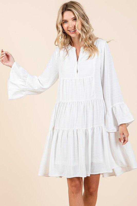 Tiered Notched Flare Sleeve Dress – Playful and Stylish Dress with Flare Sleeves and Notched Neckline