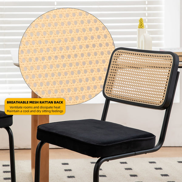 Dining Chairs Set of 2 velvet wicker side decorative chairs, black painted legs, modern medieval Bruell designed chairs,