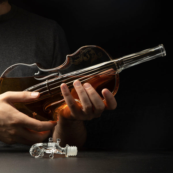 Glass Violin Decanter, Mahogany Base - The Wine Savant 1000 ML Glass Decanter For Whiskey, Scotch, Spirits, Wine Or Vodka For Music Lovers