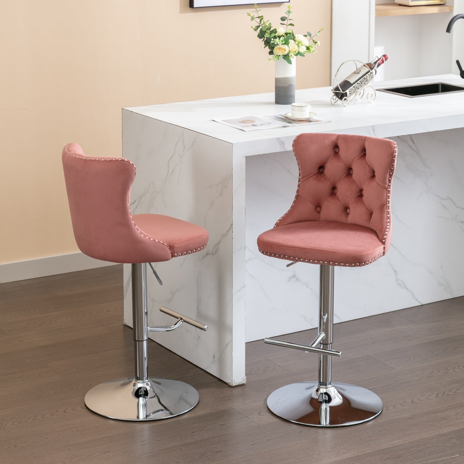 Modern Velvet Swivel Barstools with Adjustable Seat Height and Chrome Base